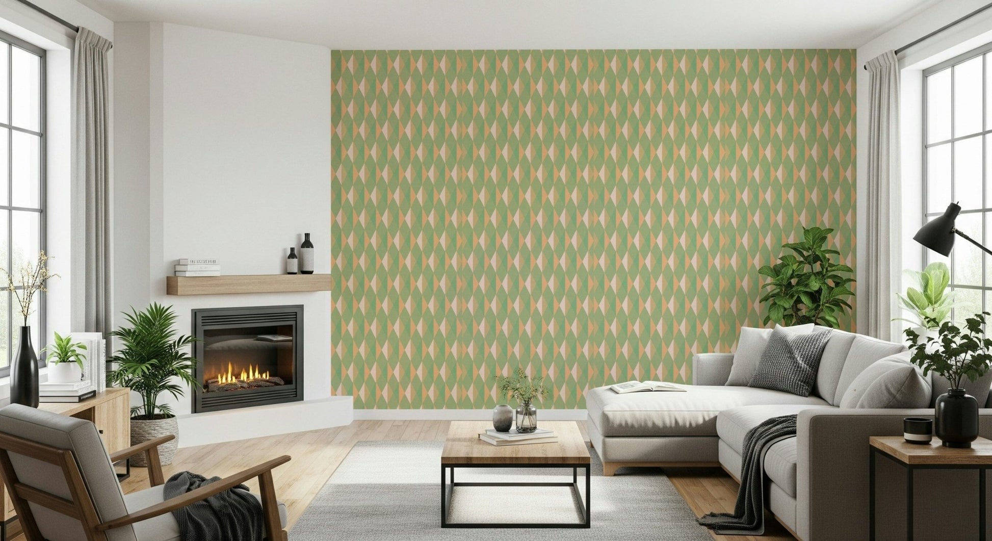 Peach and mint lattice wallpaper for a modern nursery wall.