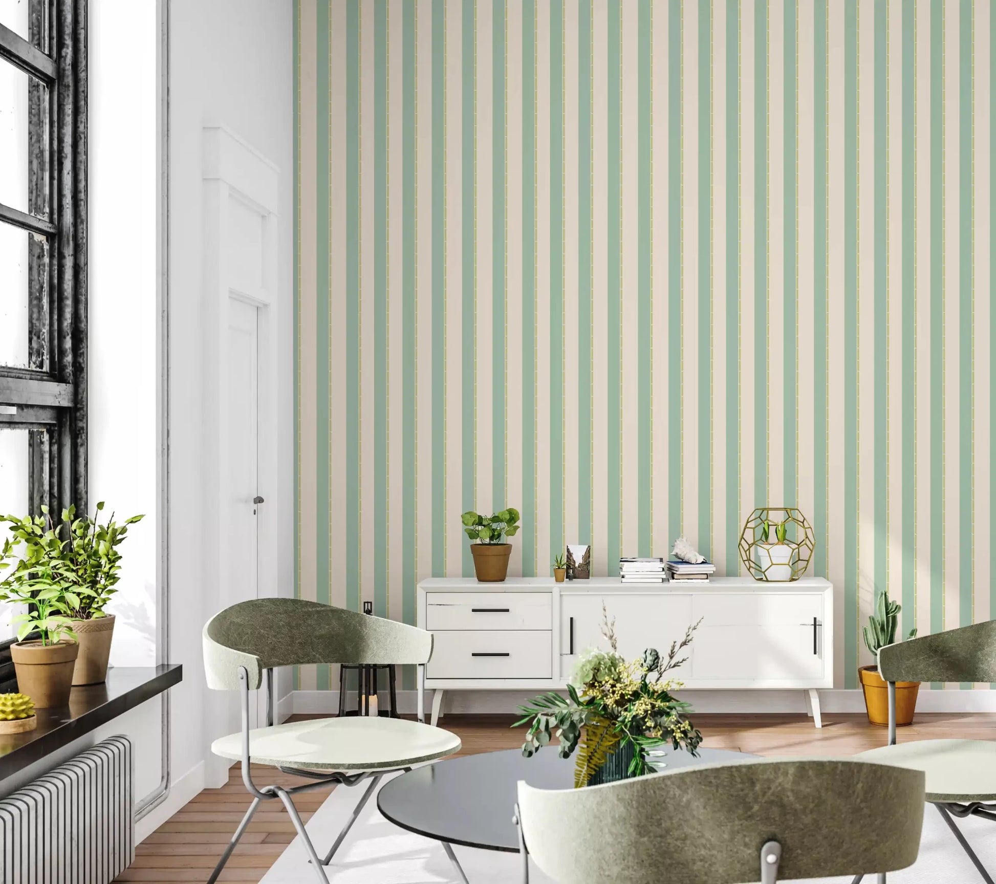 Vertical sage green Mint Vertical Stripes Wallpaper for modern office look.