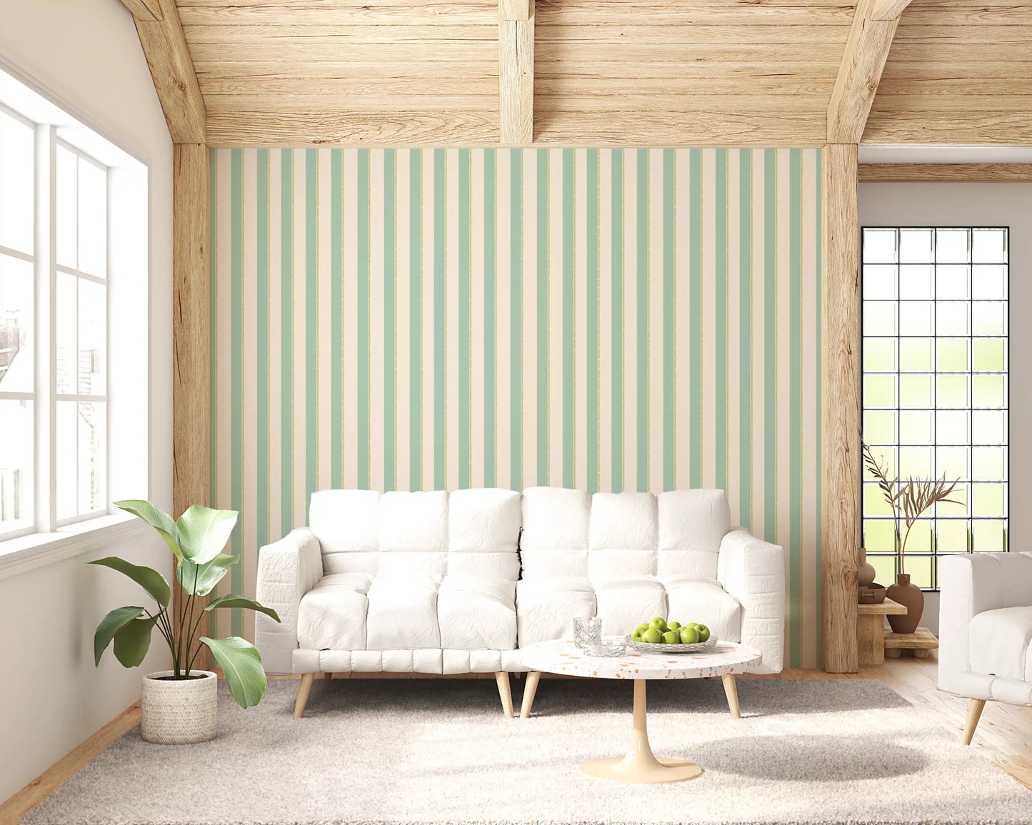 Mint Vertical Stripes Wallpaper for hallway with sage green and cream bands.