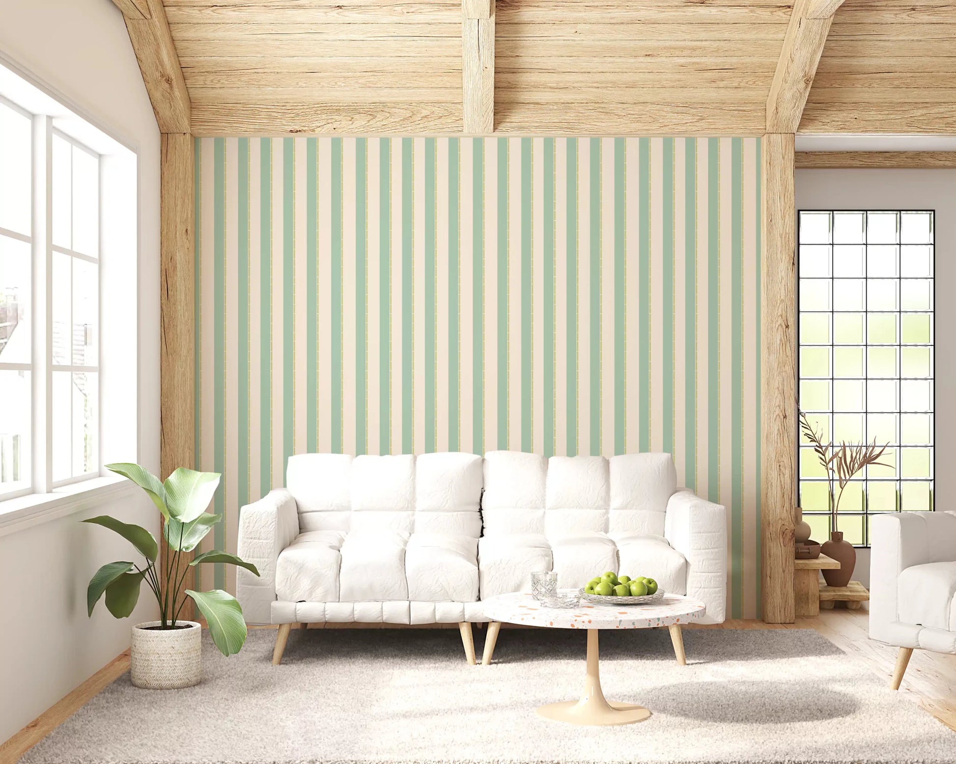 Mint Vertical Stripes Wallpaper for hallway with sage green and cream bands.
