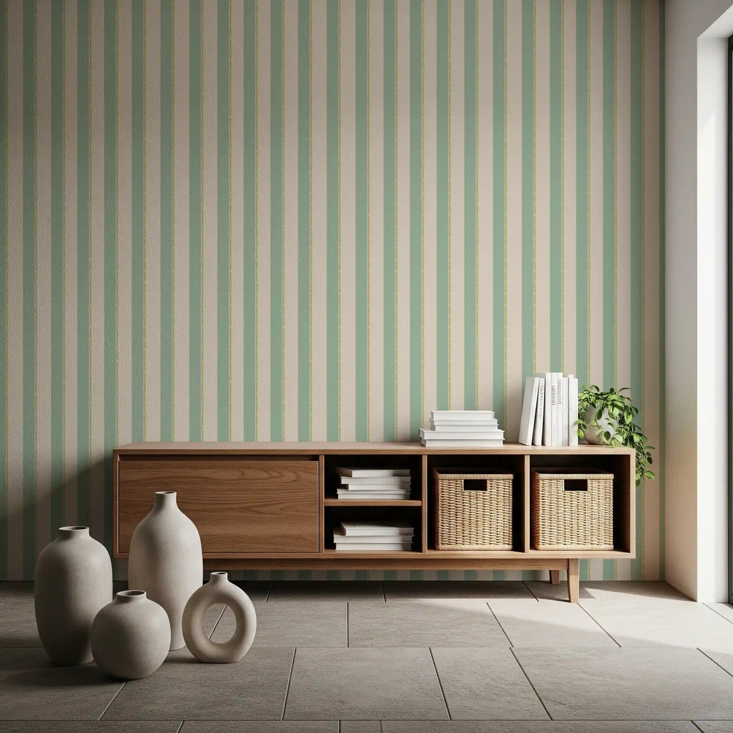 Symmetrical cream and mint green Mint Vertical Stripes Wallpaper.