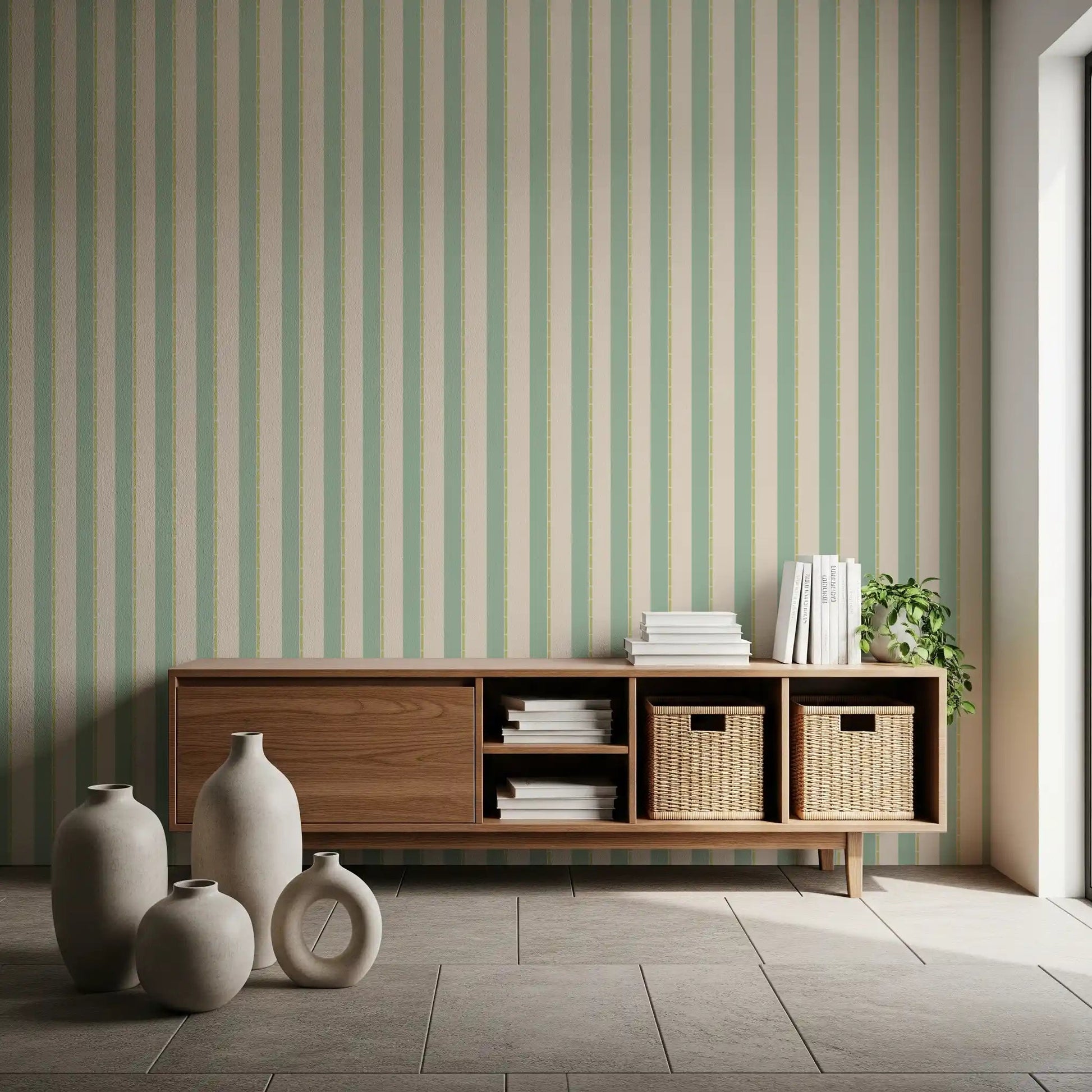 Symmetrical cream and mint green Mint Vertical Stripes Wallpaper.