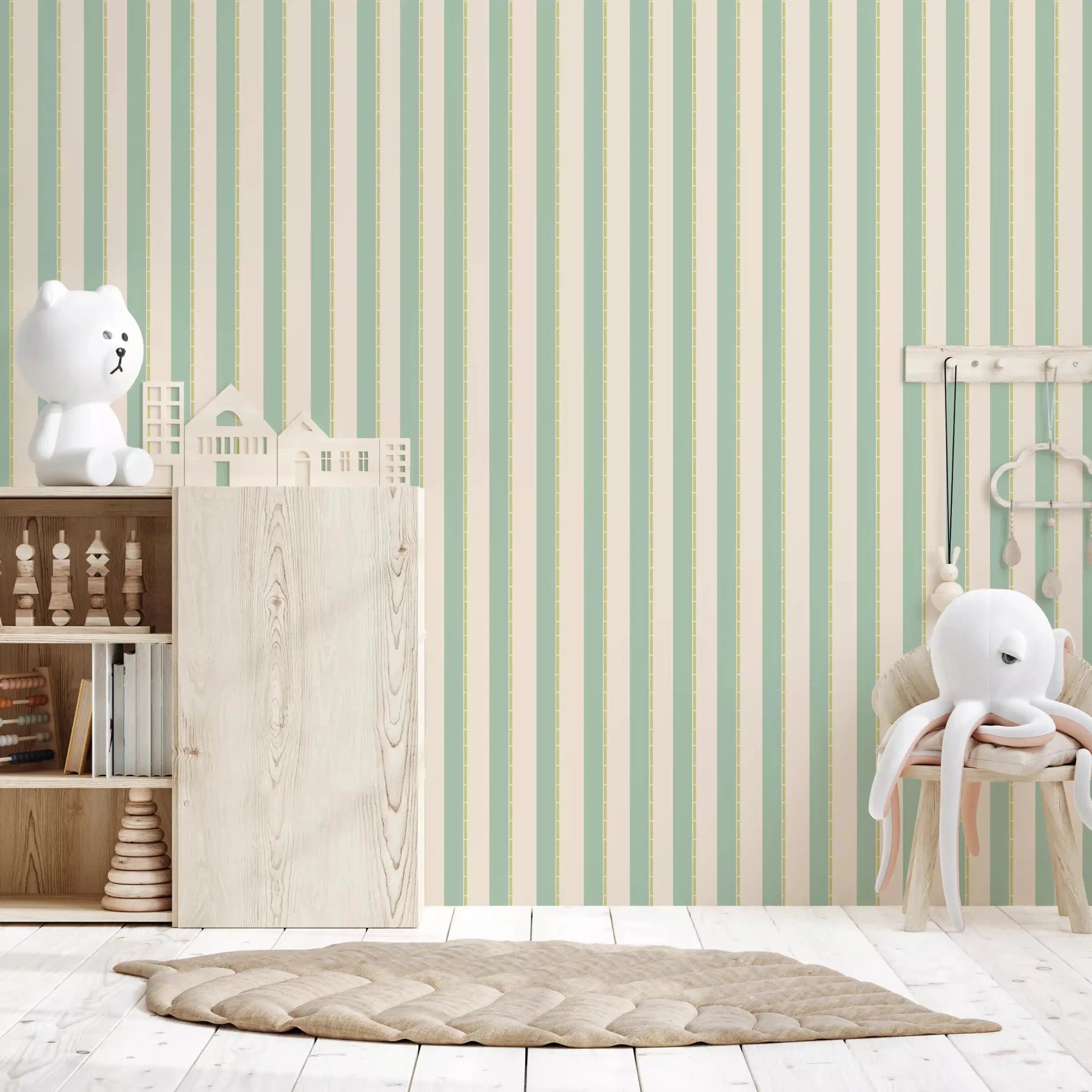 Smooth matte finish on Mint Vertical Stripes Wallpaper for play area.