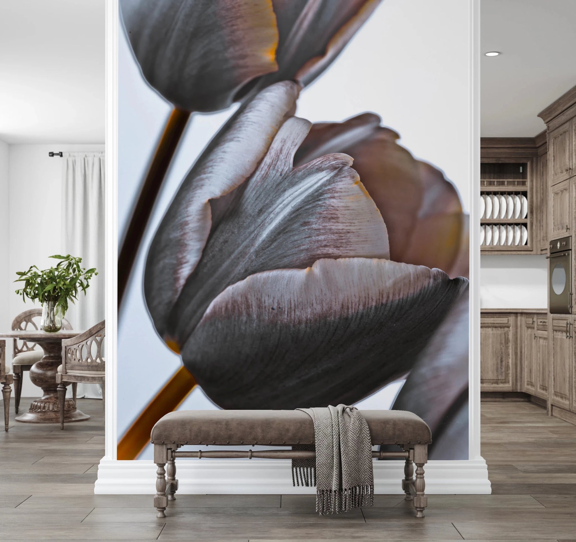 Miracle Tulips wall mural of dusky grey-mauve tulips above an upholstered bench in a hallway between kitchen and dining