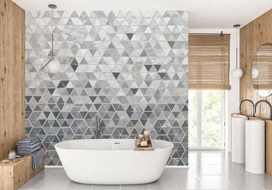 Mirror Tiles wallpaper shown as a full feature wall that highlights the design