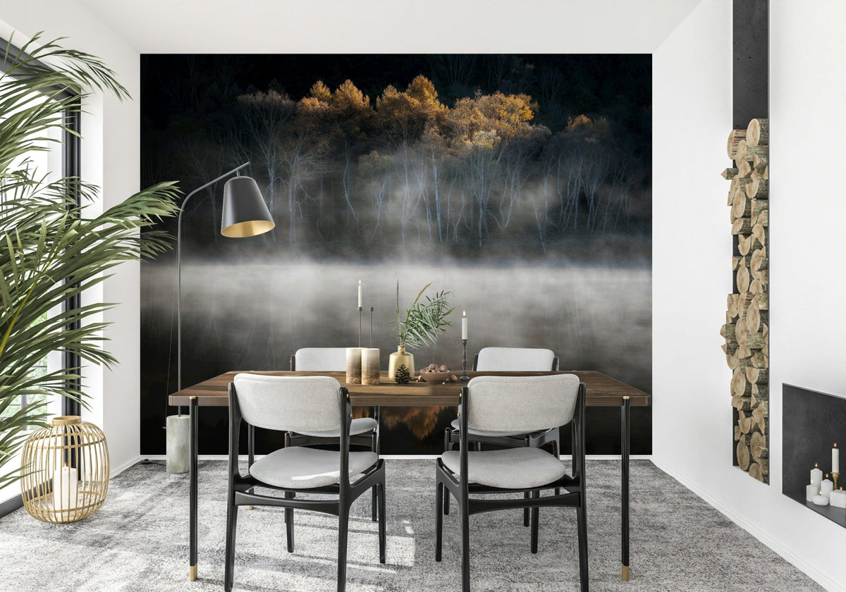 Dark water reflection, white skeletal trees, misty lake, Mist and Light Woodland.