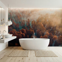 Fall season wallpaper, dense woodland, reflective water surface, peaceful décor, Misty Autumn Forest.
