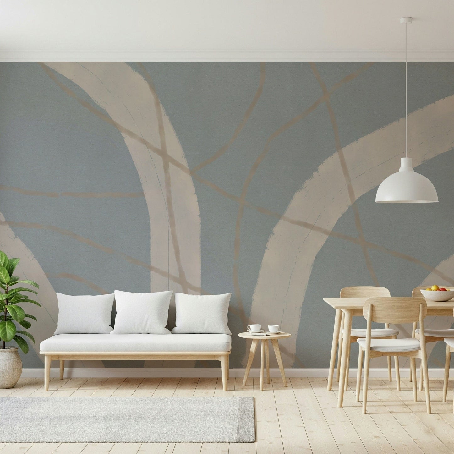 A calming abstract design wallpaper mural that defines a space.