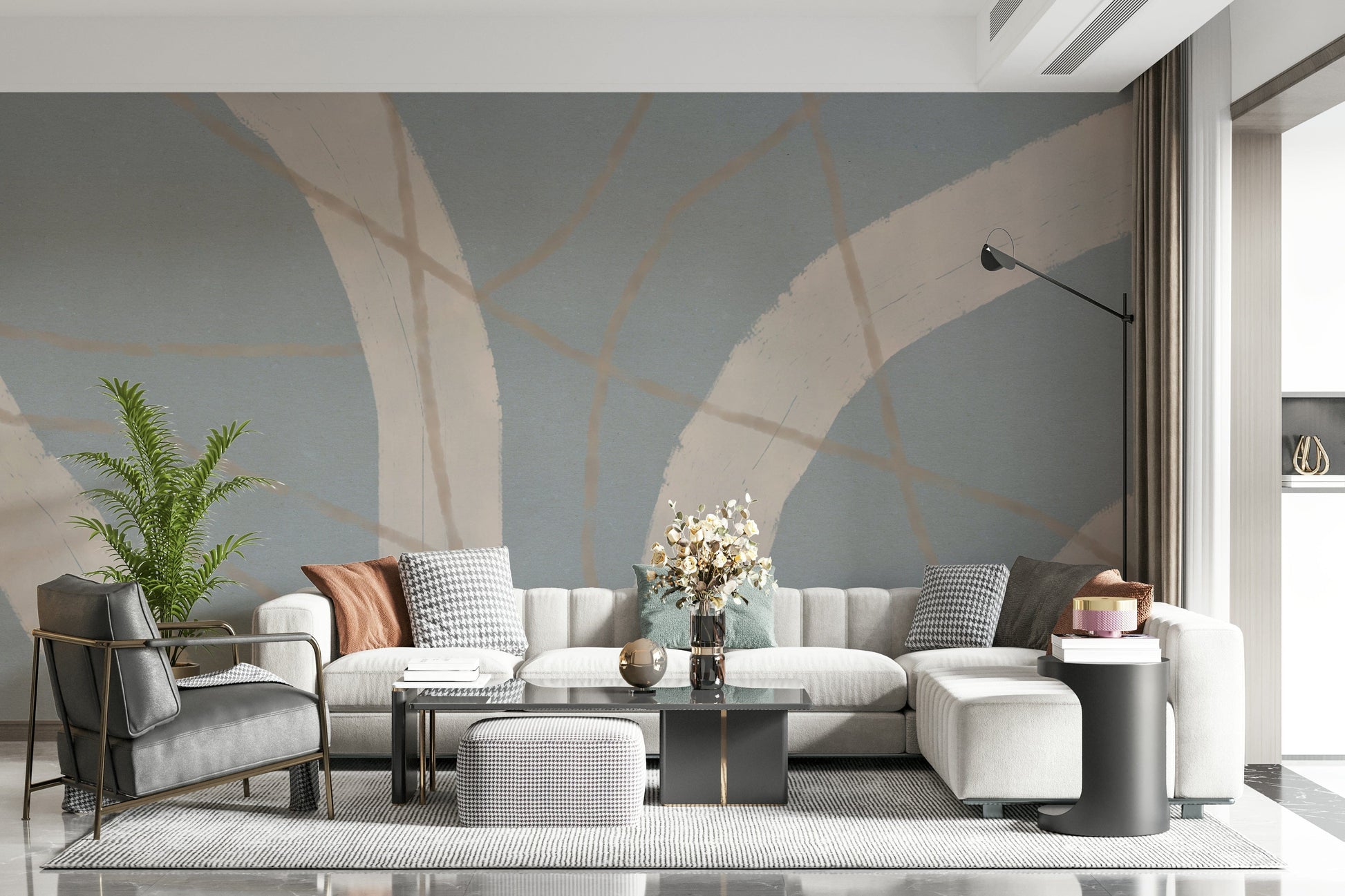 A beautiful modern art wall mural of delicate lines.