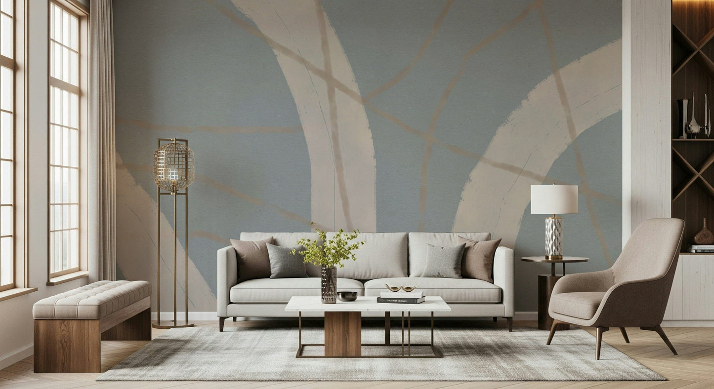 A peaceful modern abstract mural on decorative wallpaper.