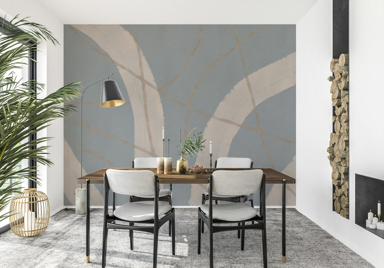 An artistic soft focus mural on minimalist wallpaper.
