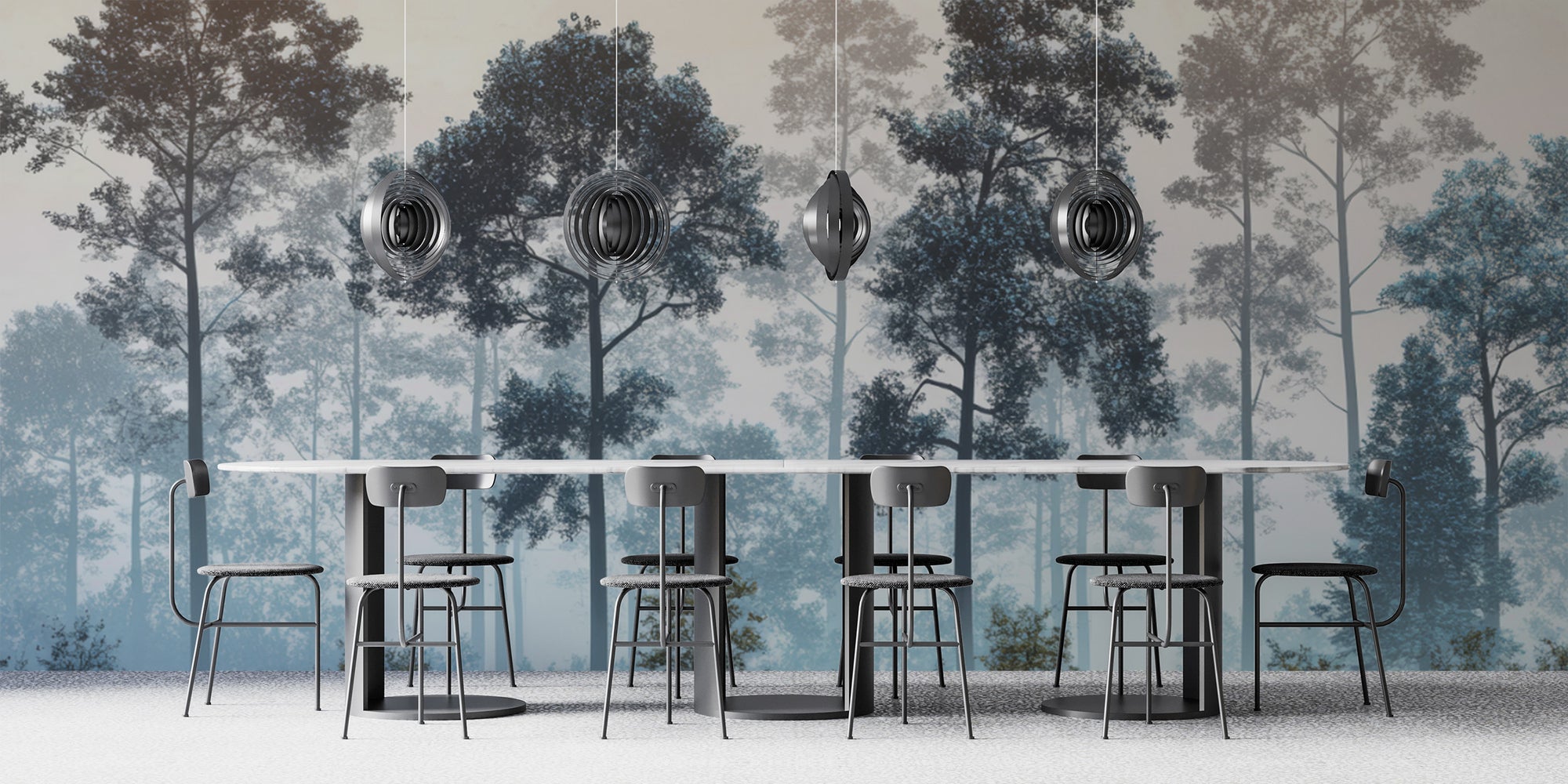 Misty Blue Forest wall mural behind a long marble counter table with black stools in a dining area