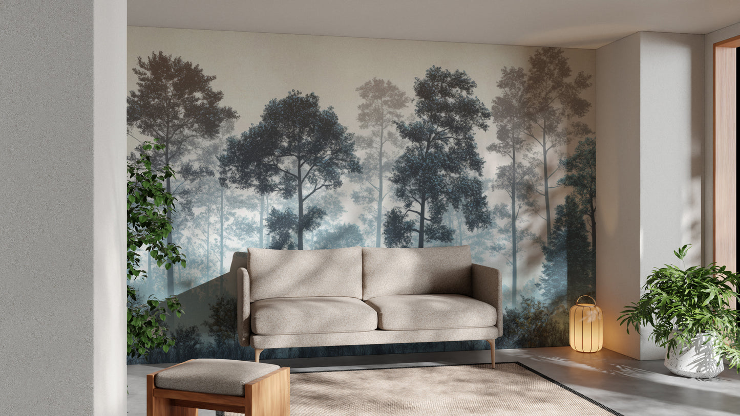Misty Blue Forest Wall Mural
