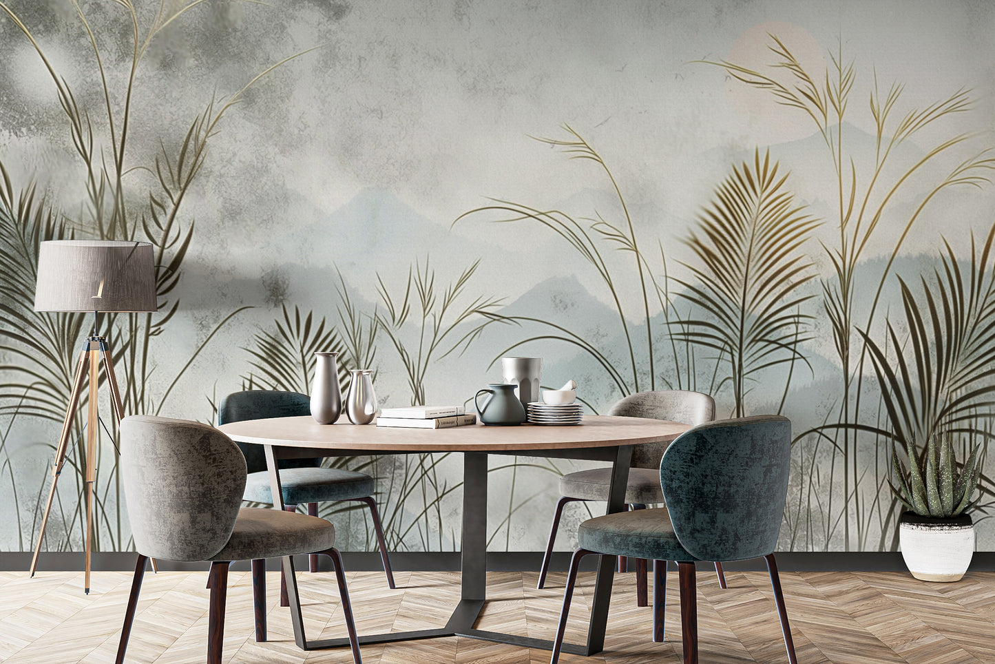 Neutral tone botanical mural with serene mountain view
