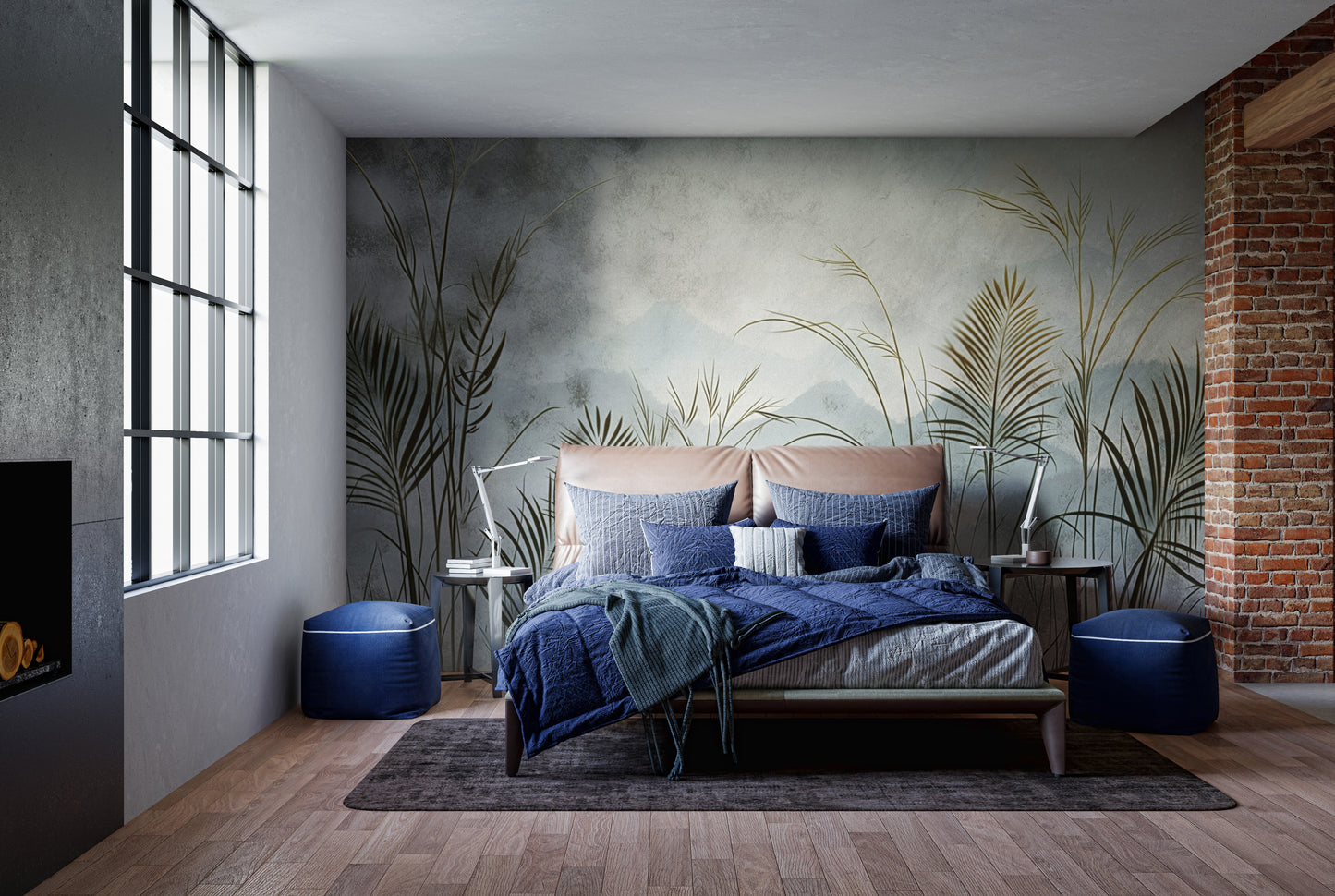 Scenic mountain wallpaper with soft botanical details
