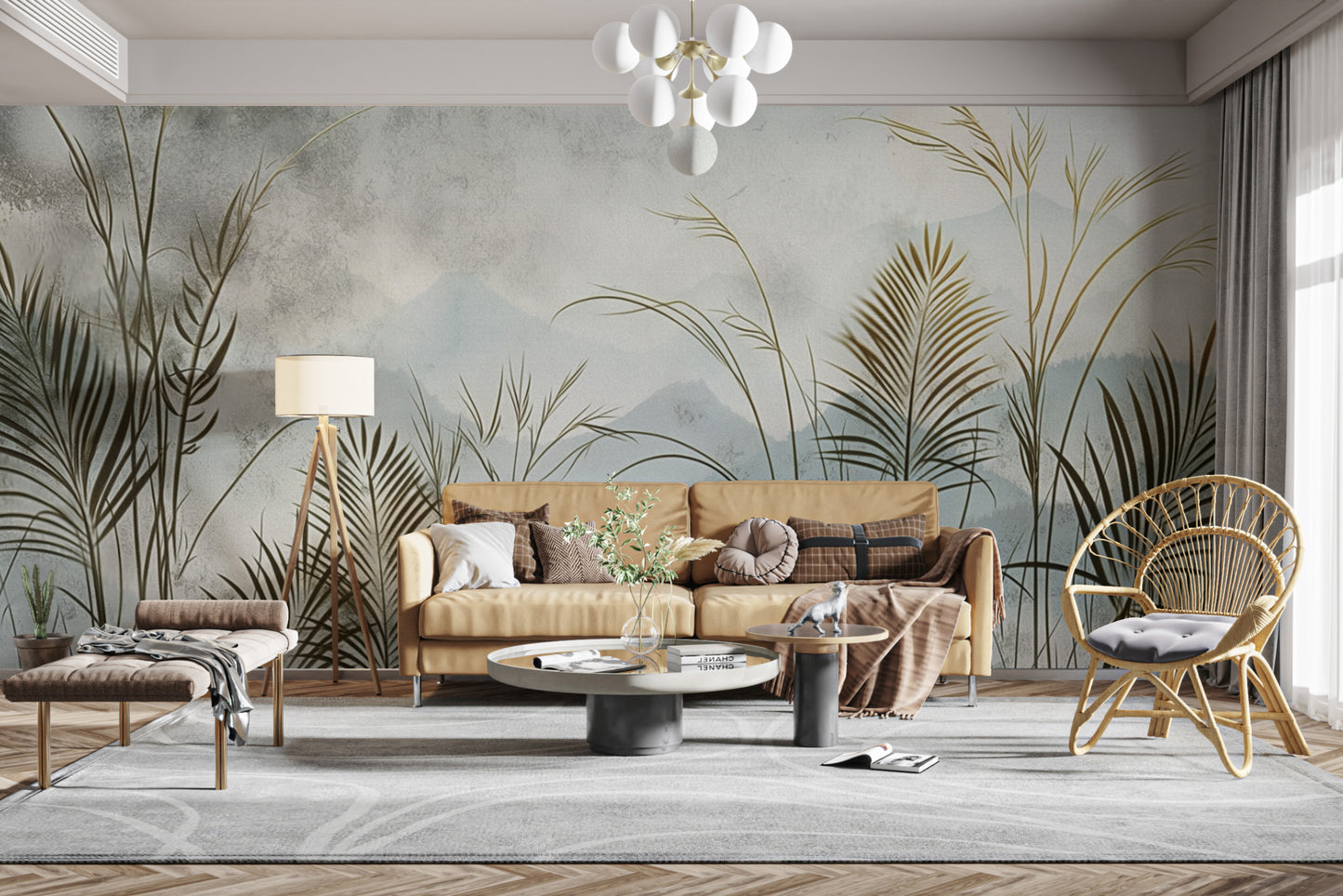 Misty botanical landscape wall mural with palm leaves
