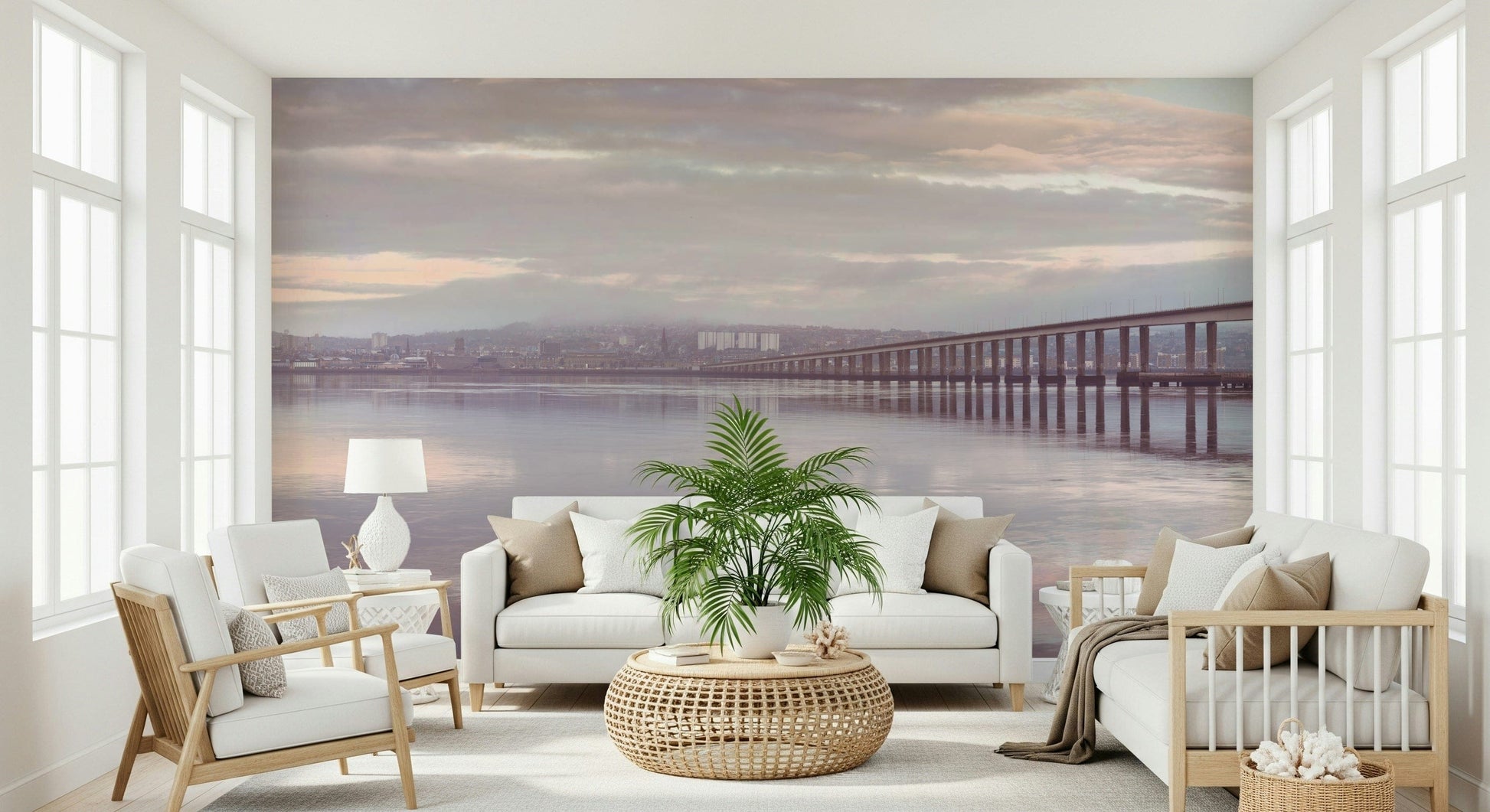 Panoramic wall mural Misty Bridge industrial city far distance