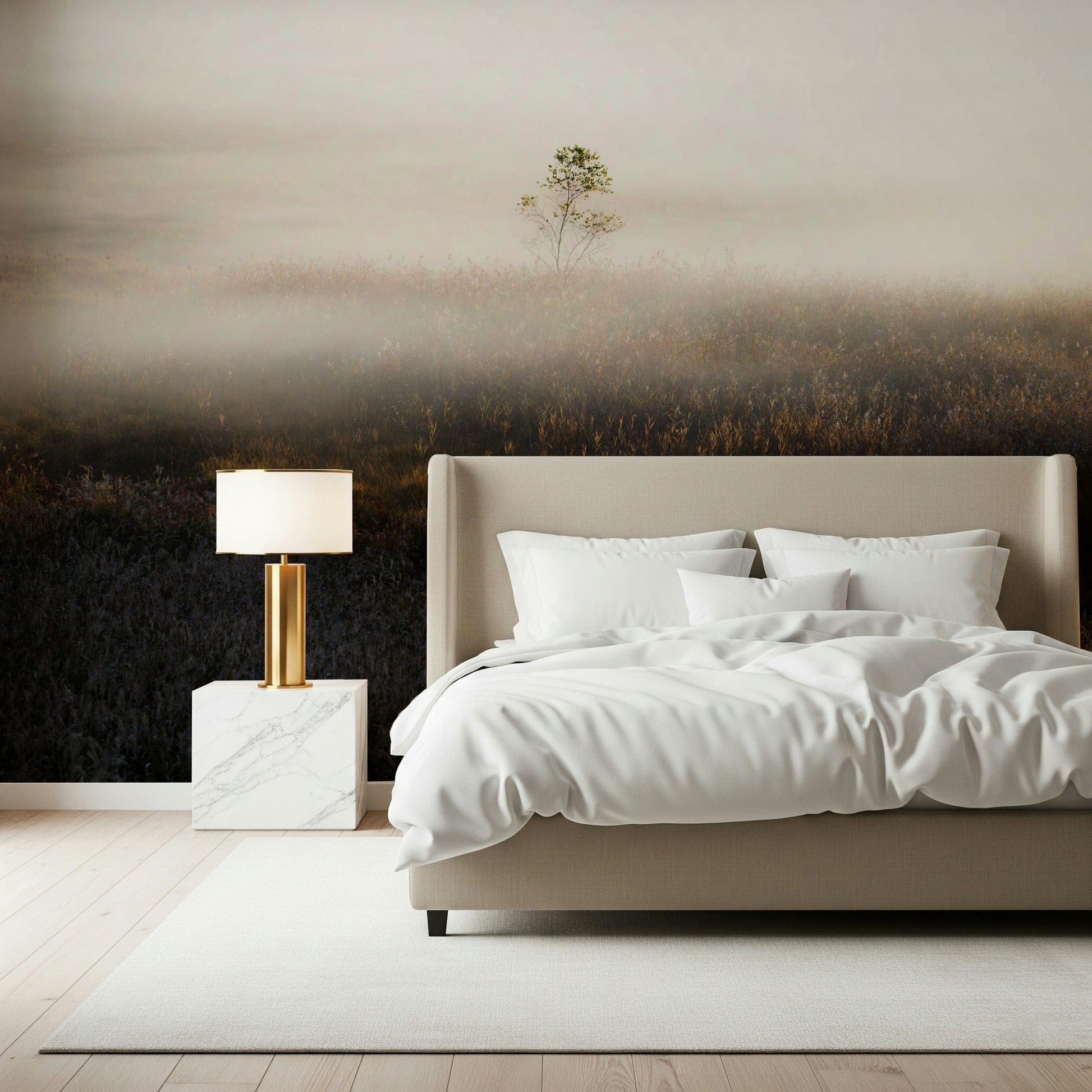 Single small tree on Misty Dawn Meadow mural art.