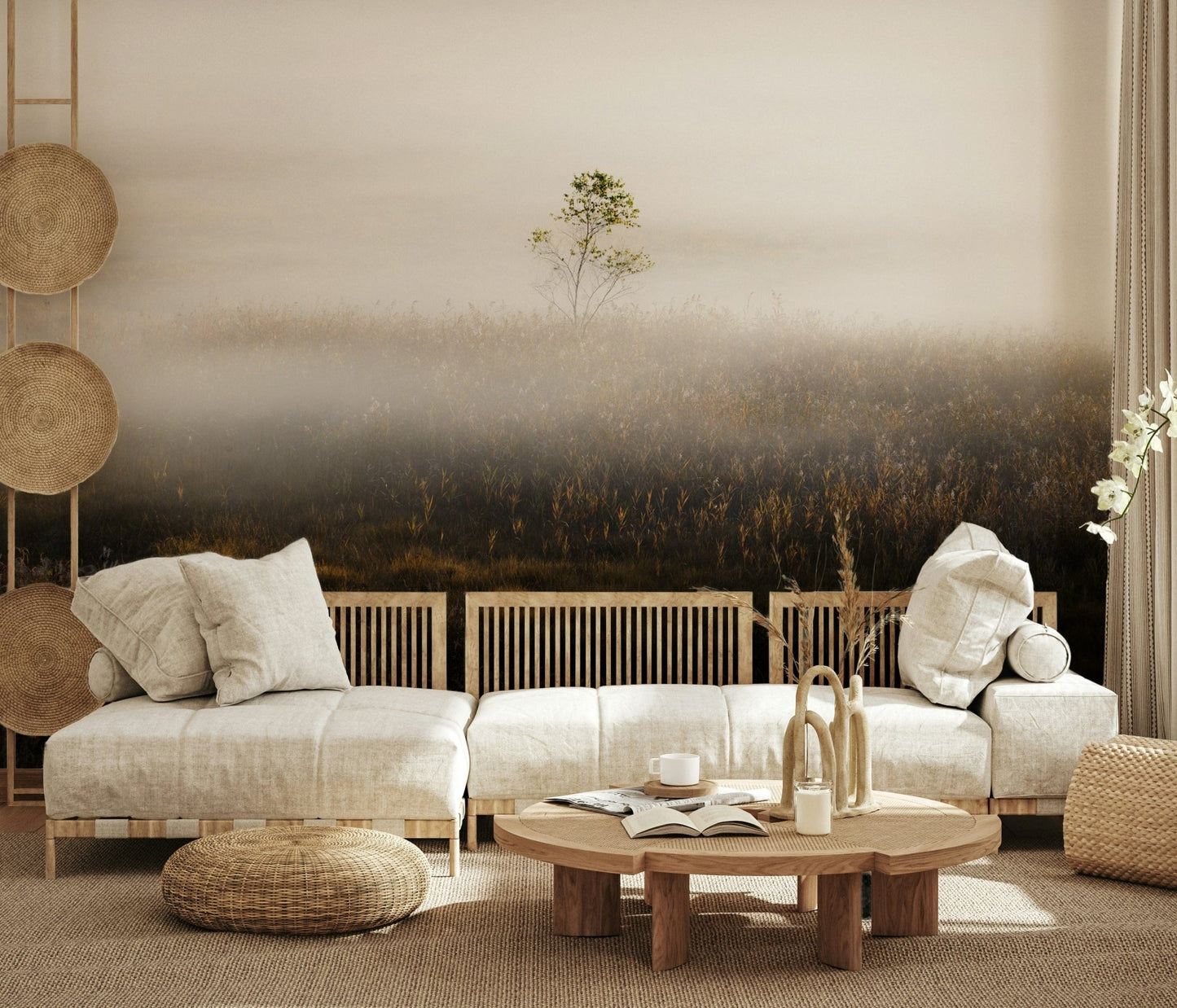 Shadowy plant silhouettes featured in Misty Dawn Meadow scenic print.
