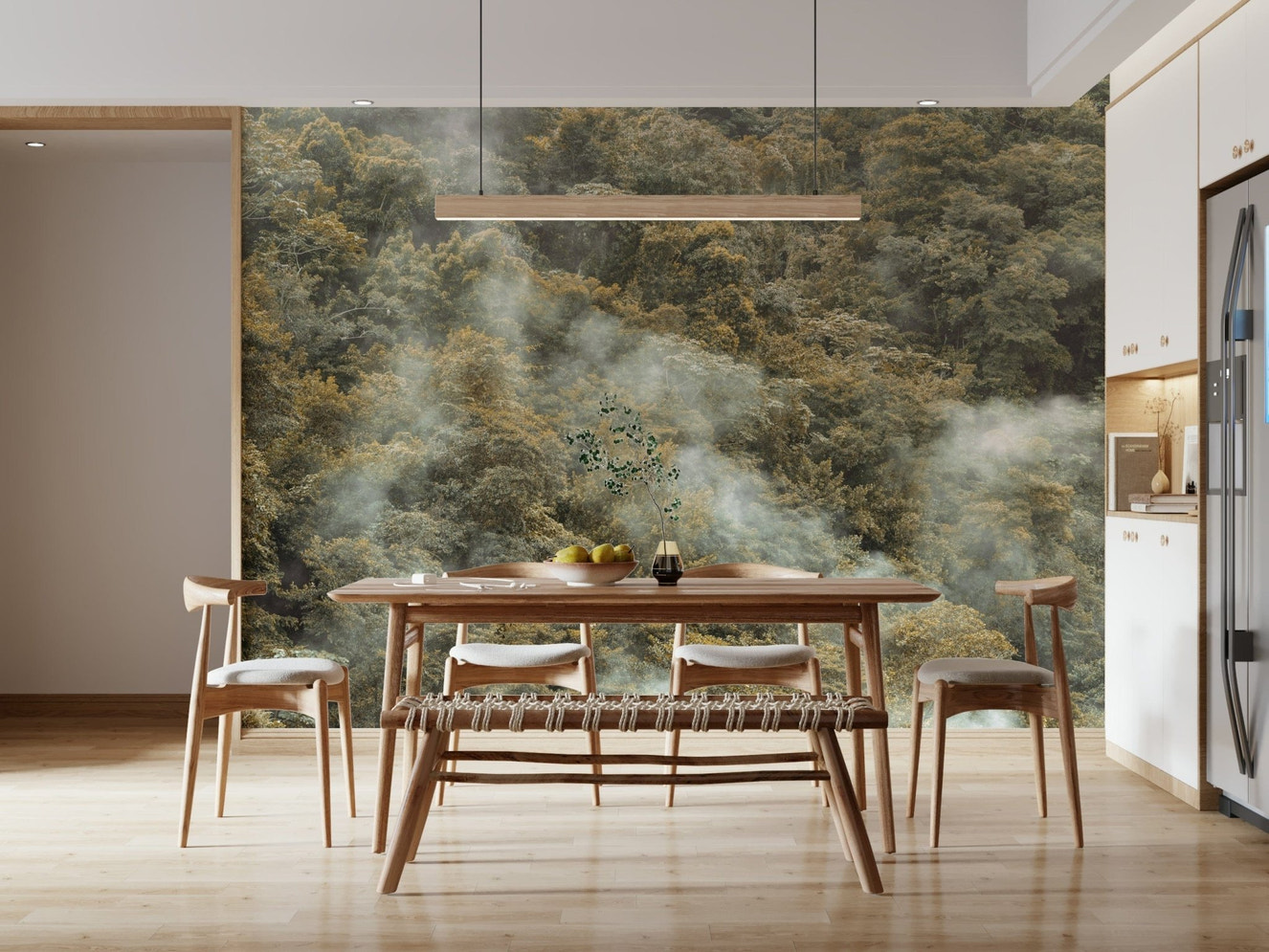 Ethereal fog enveloping the rich Misty Forest Canopy wall mural.