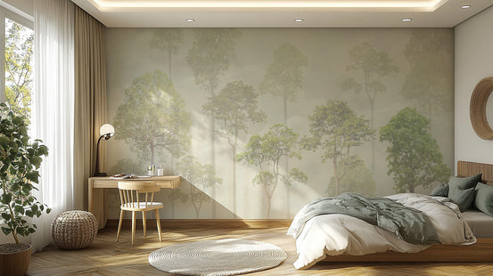 Misty Forest Green wallpaper of sage foggy trees behind a wooden bed and wall desk in a calm bedroom