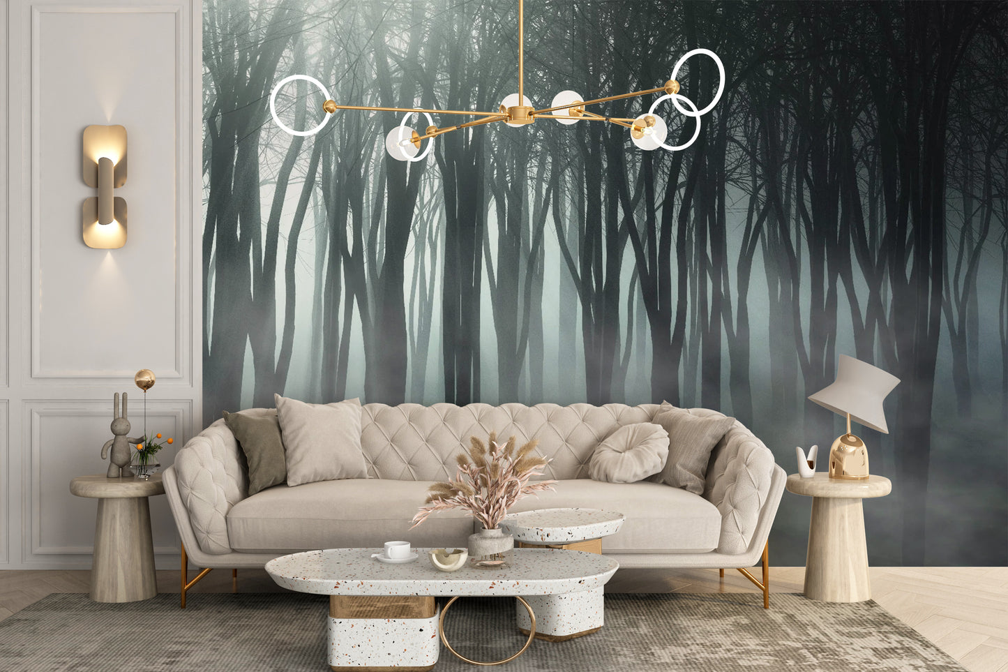 Peel and stick Halloween wallpaper with misty forest