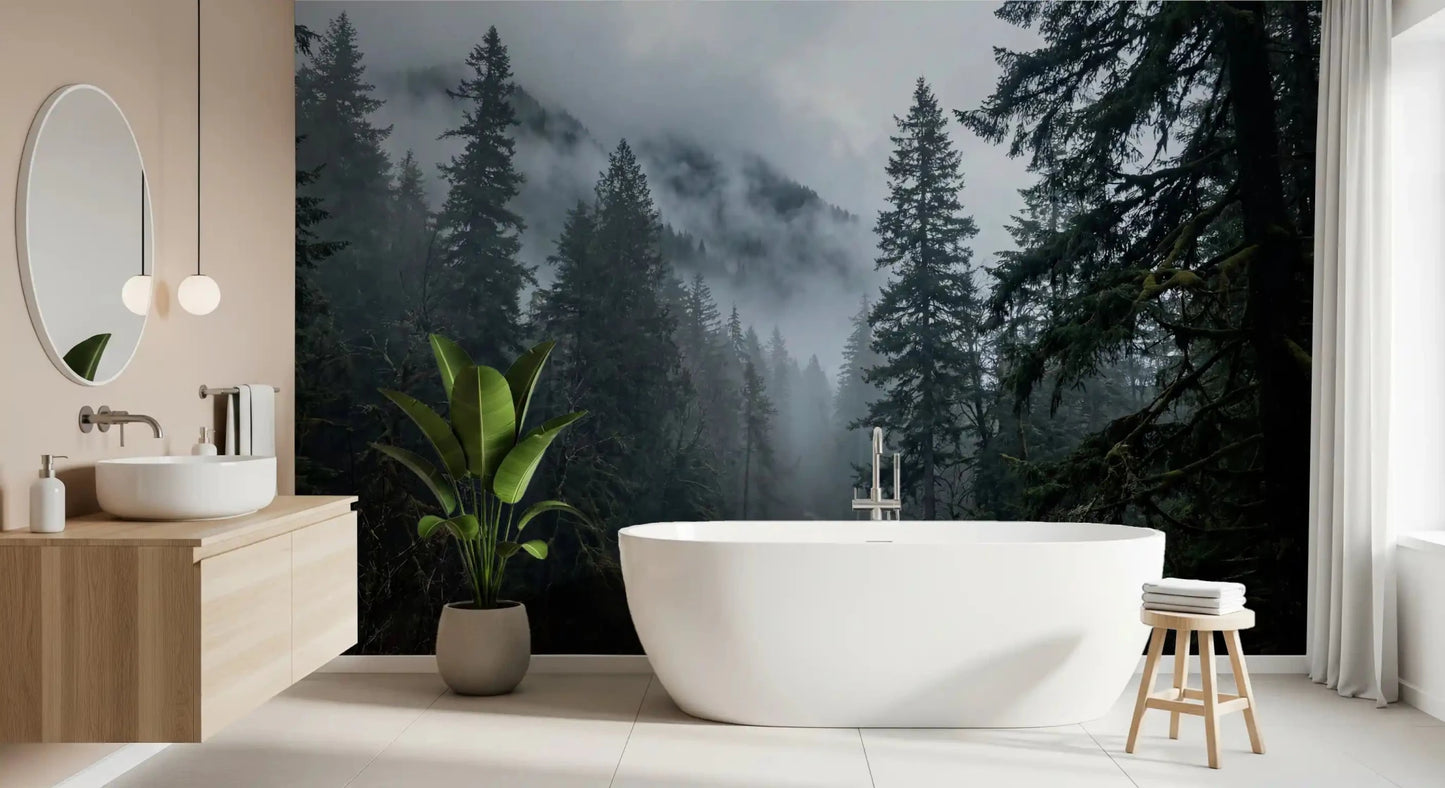 Fresque murale « Chemin forestier brumeux en hiver »