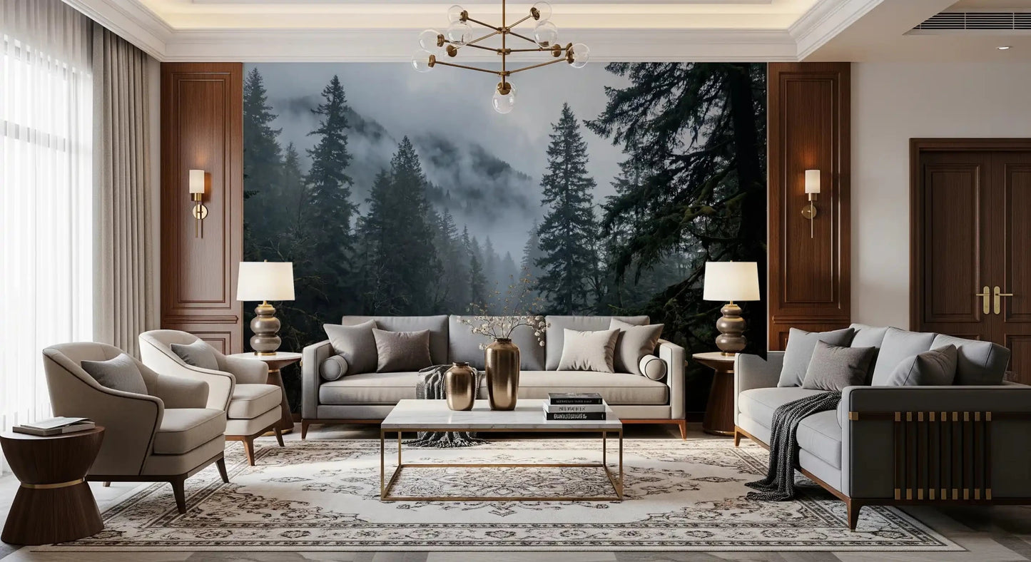 Fresque murale « Chemin forestier brumeux en hiver »