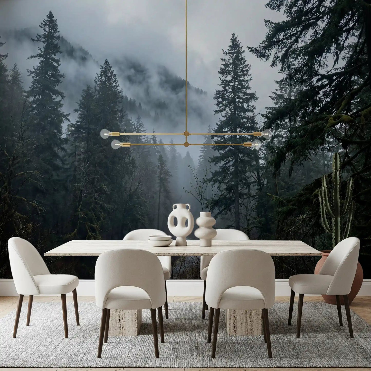 Fresque murale « Chemin forestier brumeux en hiver »