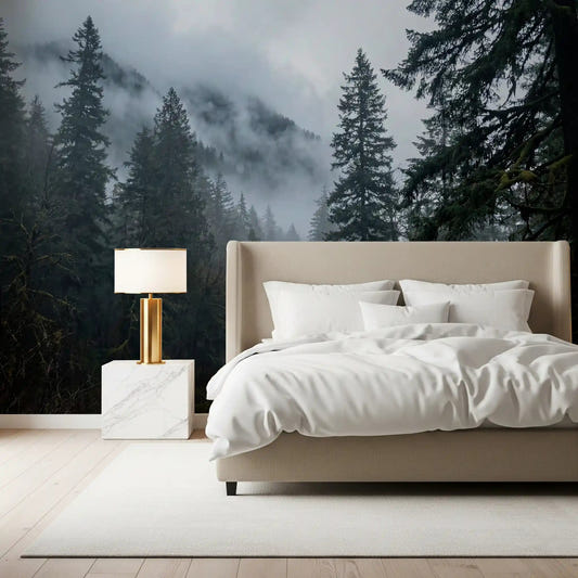Bedroom styled with foggy woodland wall mural and winding path