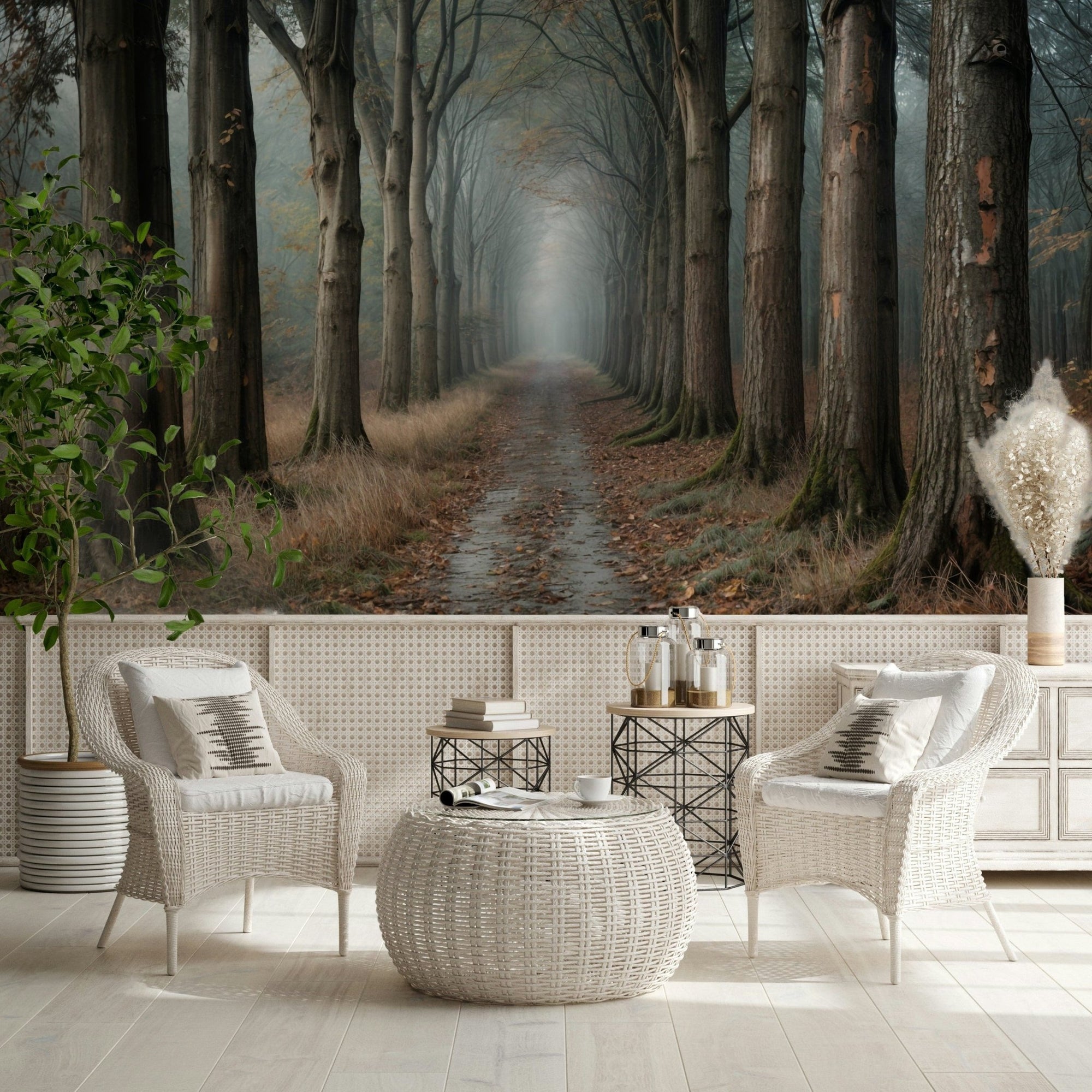 Misty Forest Path wallpaper mural of a foggy tree-lined trail behind two white rattan chairs in a lounge