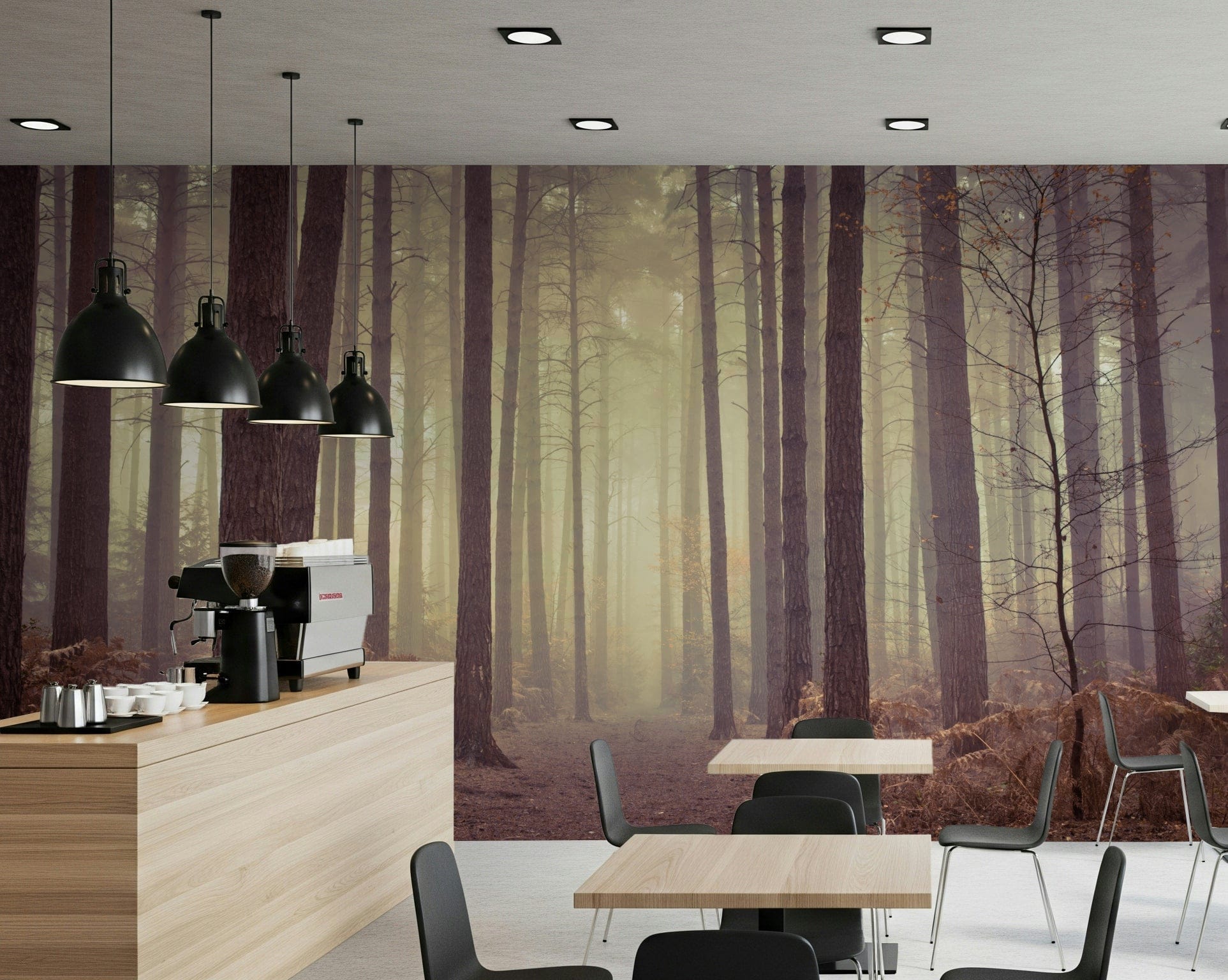 Woodland forest wall mural in dining room, layered trees, natural color feature wall