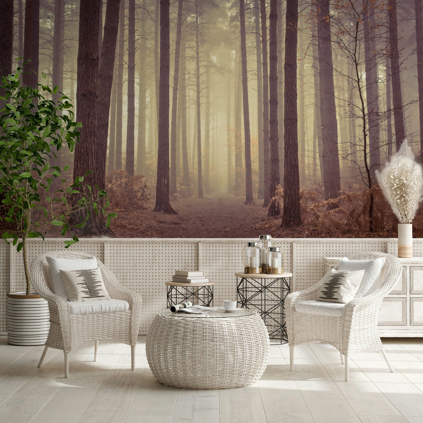 Enigmatic Beauty of Forest Wall Mural in modern living room, misty green trees, feature wall decor