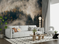 Scattered autumnal trees in Misty Woods Serenity peaceful design.