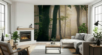 Tranquil Grove wall mural Vertical tree lines, autumn mist, mysterious grove imagery.