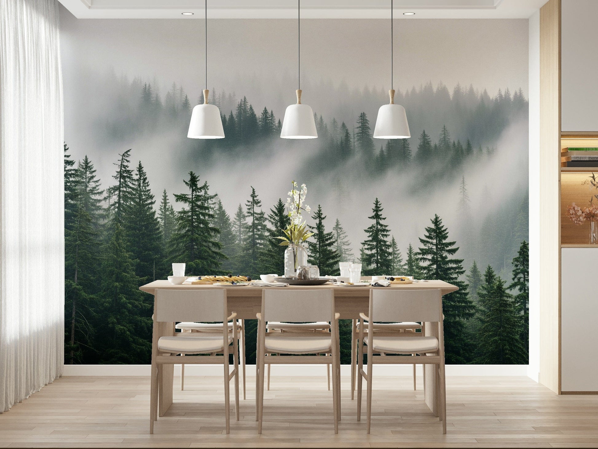 Misty woodland mural for modern living room, soft greens and grays on feature wall