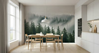 Forest fog wall mural for reading corner, muted colour palette and natural scene
