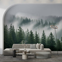 Hazy forest wallpaper mural for bedroom headboard wall, muted green and gray tones