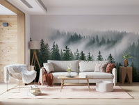 Woodland mural for office meeting room, muted forest tones for a tidy backdrop