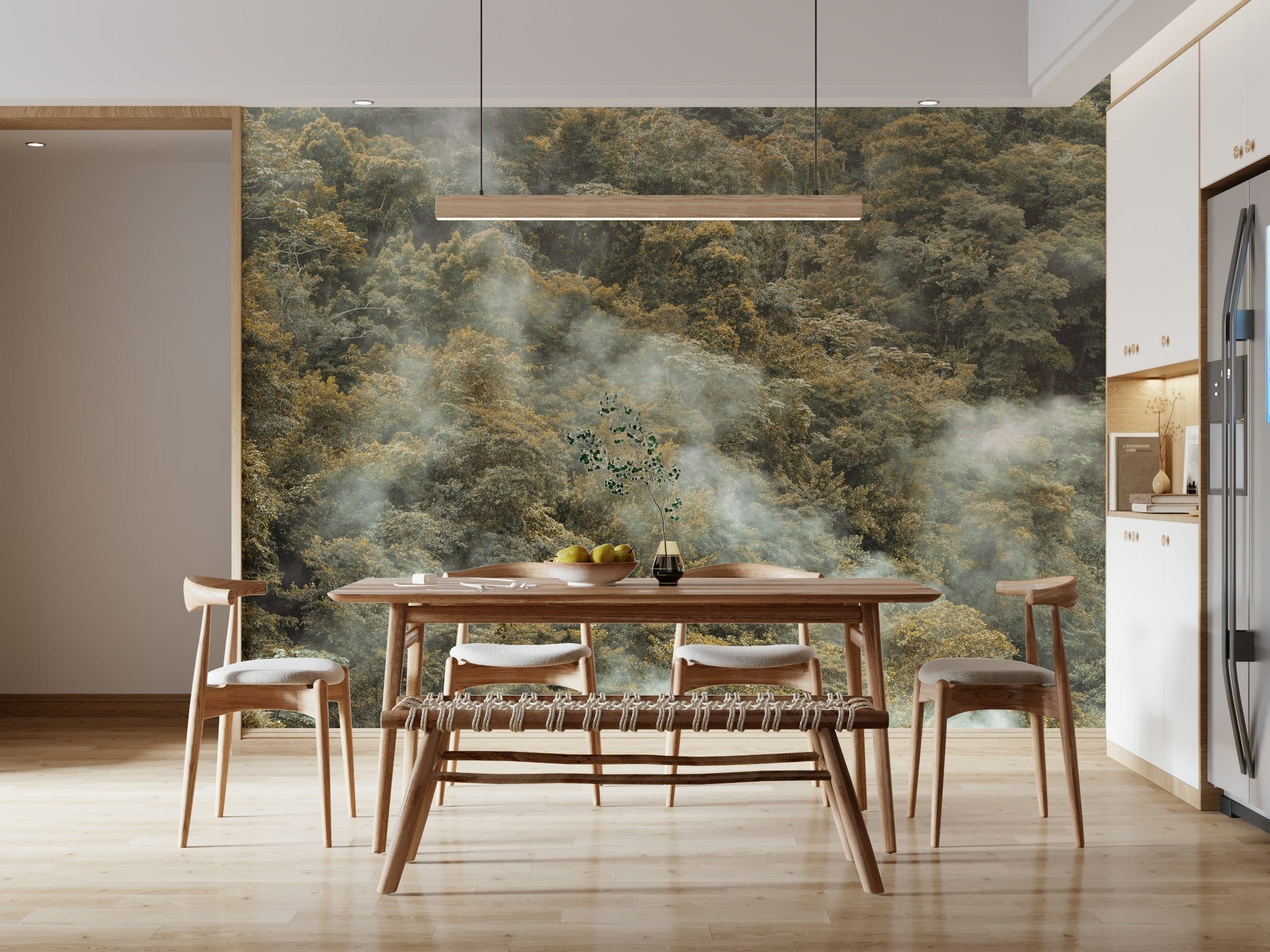 Ethereal fog enveloping the rich Misty Forest Canopy wall mural.