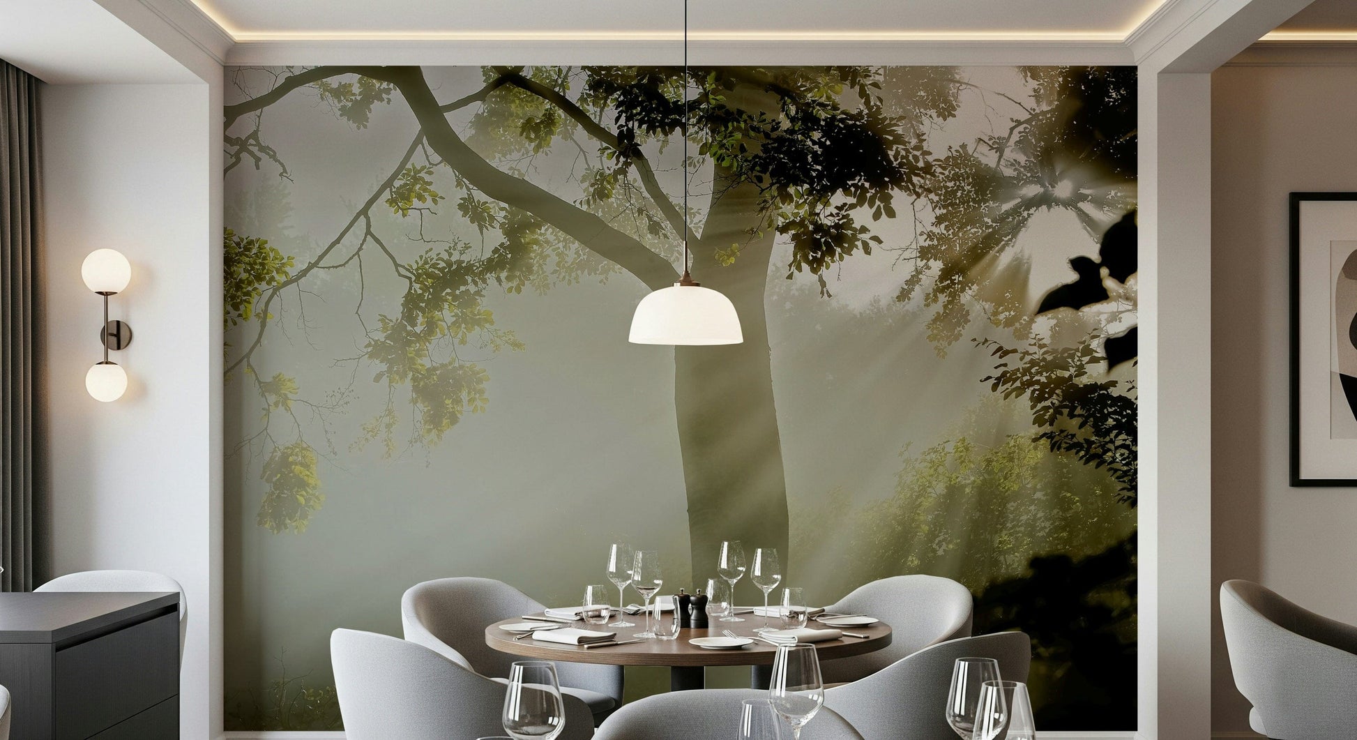 Forest Serenity wall mural Enchanting forest, green leaves, natural glimmering light.