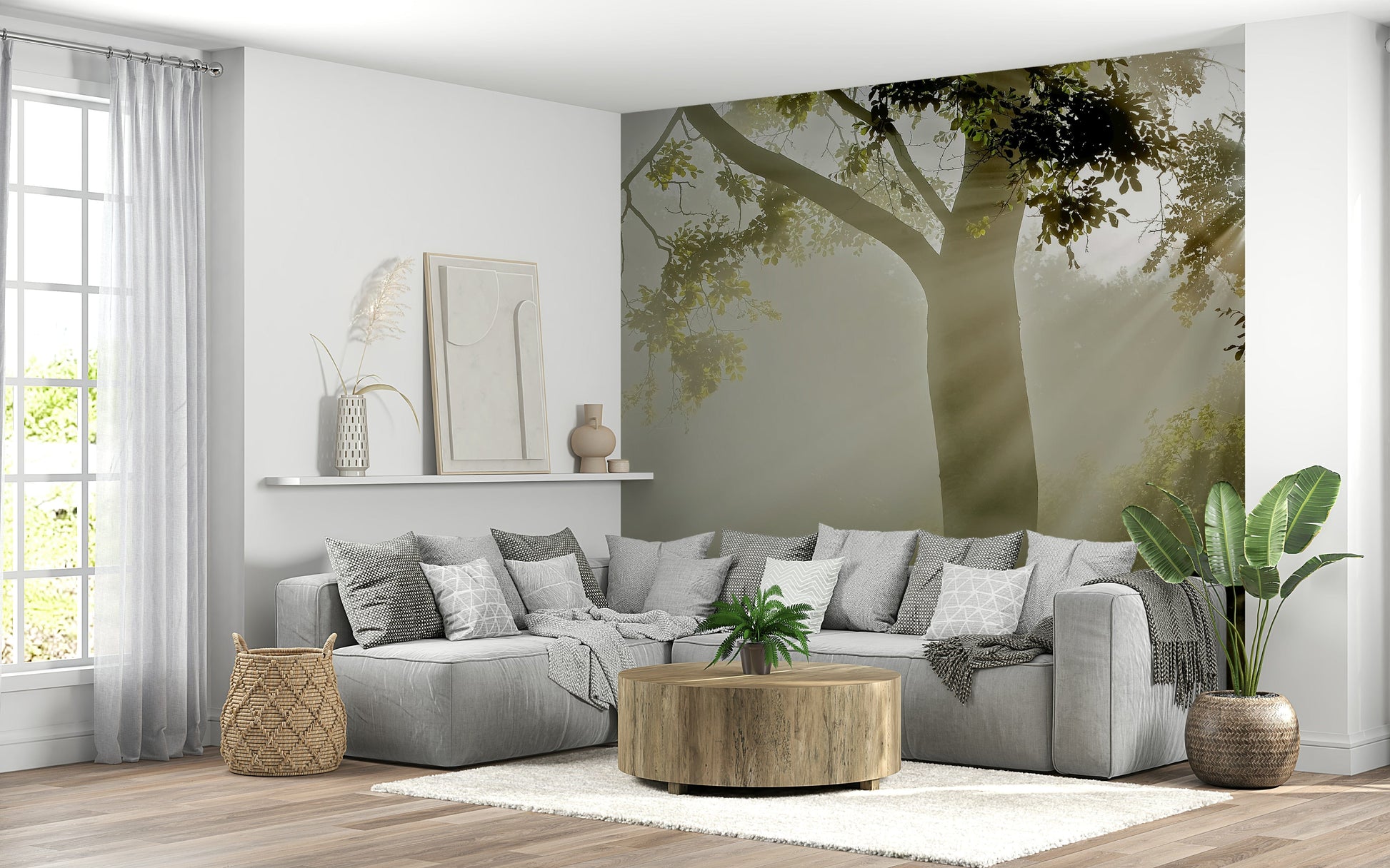 Forest Serenity wallpaper mural Lush foliage, tall tree trunk, dramatic sunshine effects.