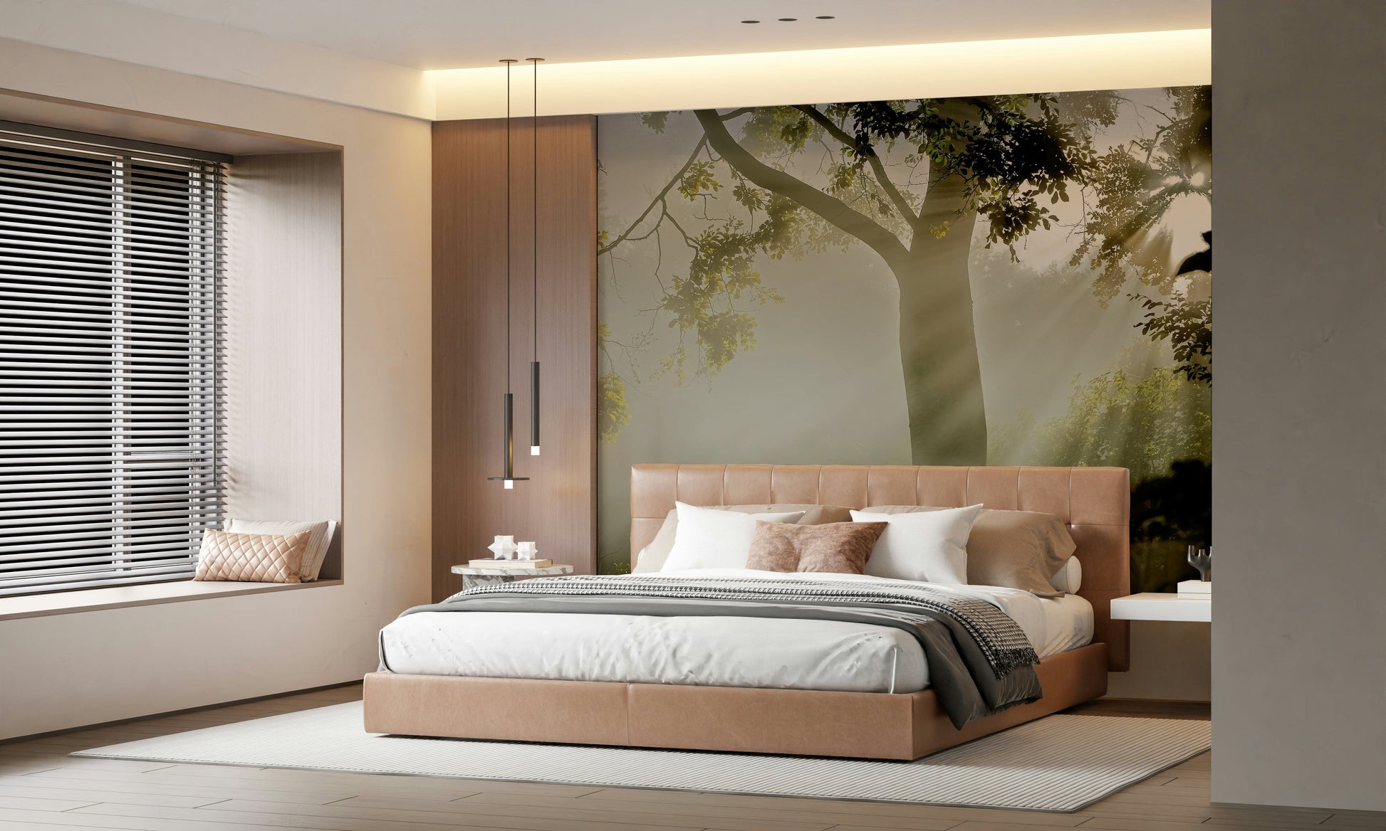 Wallpaper for walls Forest Serenity, peaceful rays, light beaming through branches.