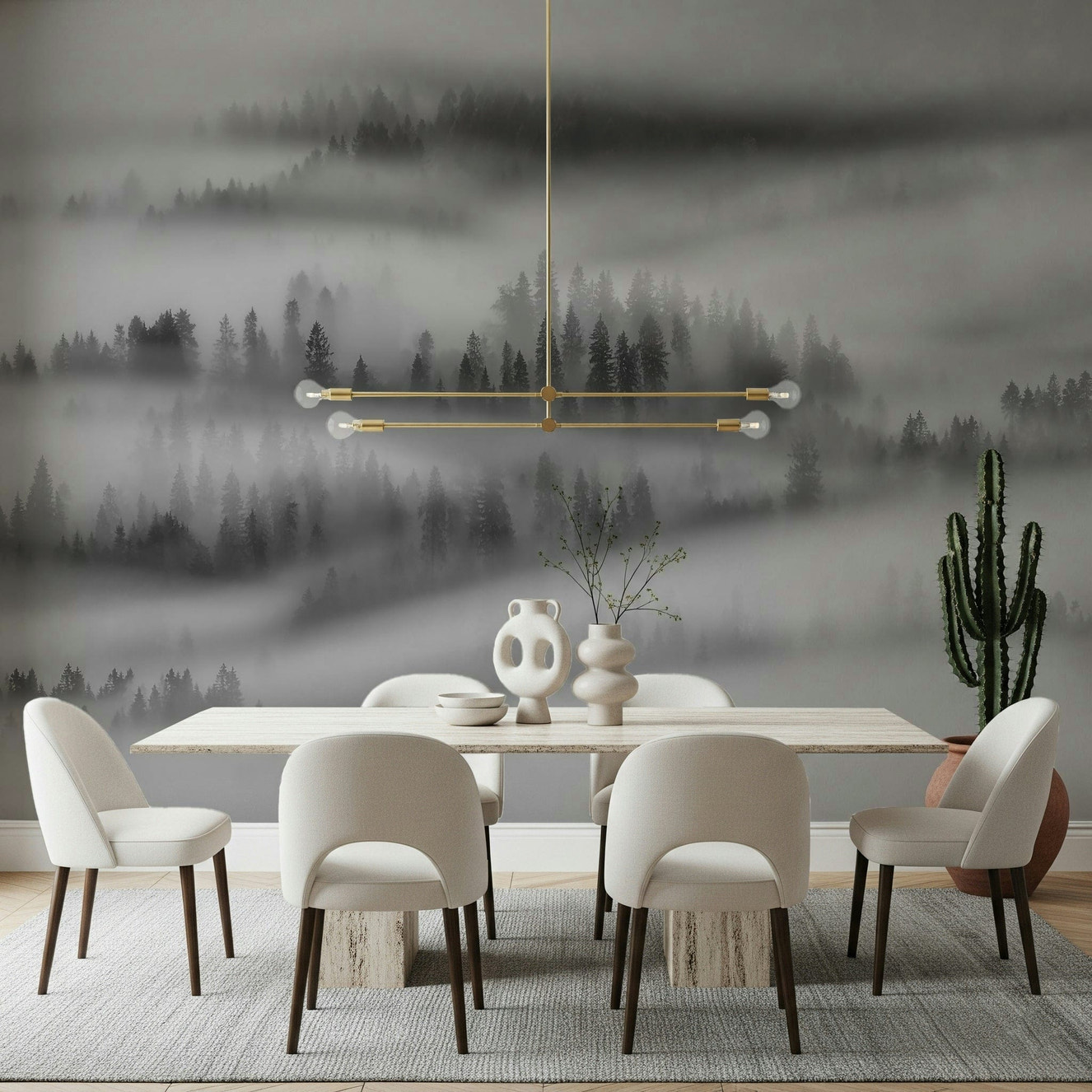 Atmospheric heavy fog on Misty Forest Woodland wallpaper.