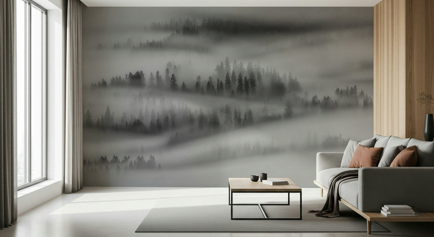 Pine forest peaks emerging from deep fog, unique woodland decoration.