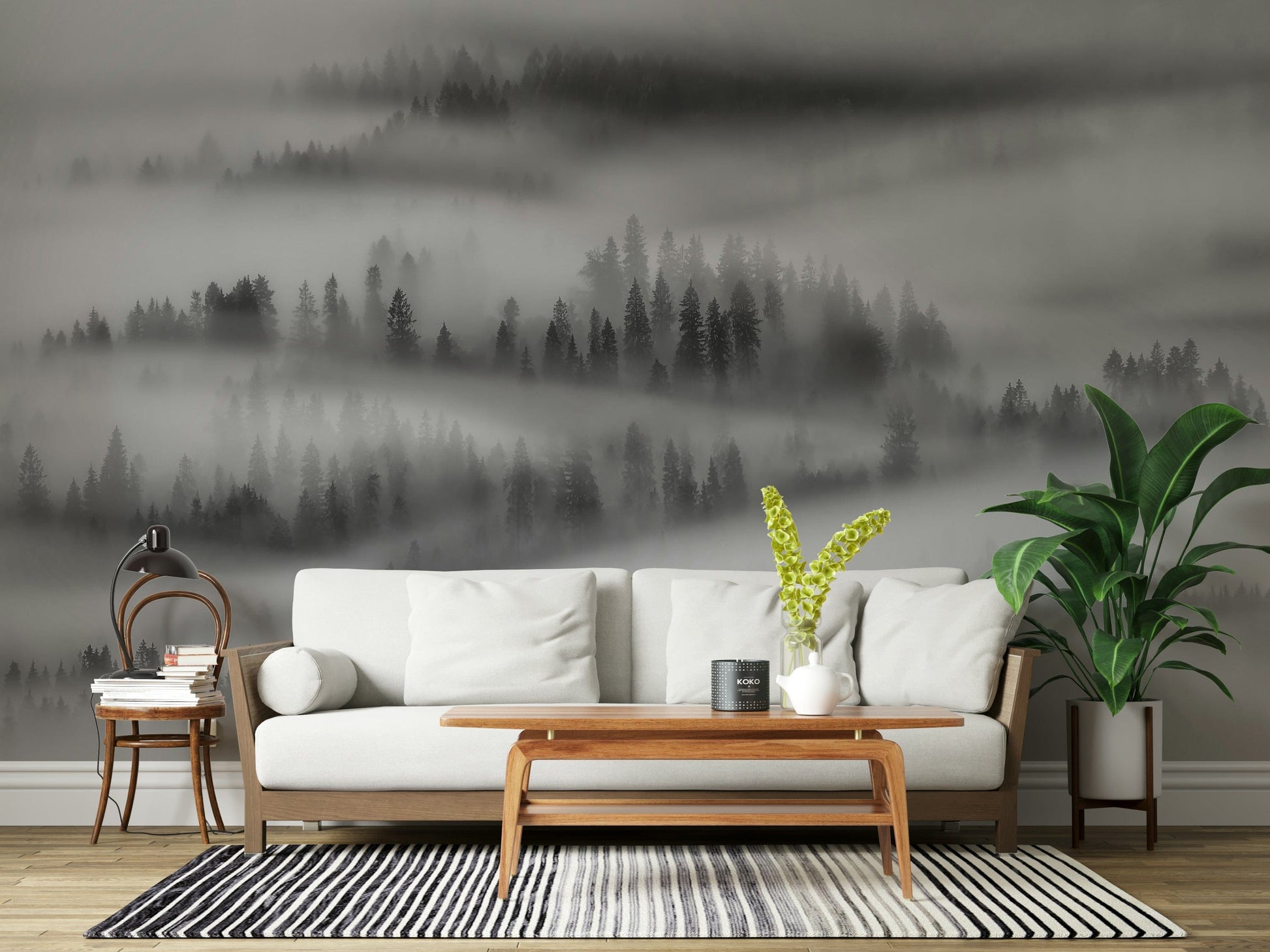Monochrome Misty Forest, layered hills, stunning landscape wall art.