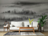 Monochrome Misty Forest, layered hills, stunning landscape wall art.