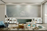 A living room featuring the scenic Hula Valley wall mural.