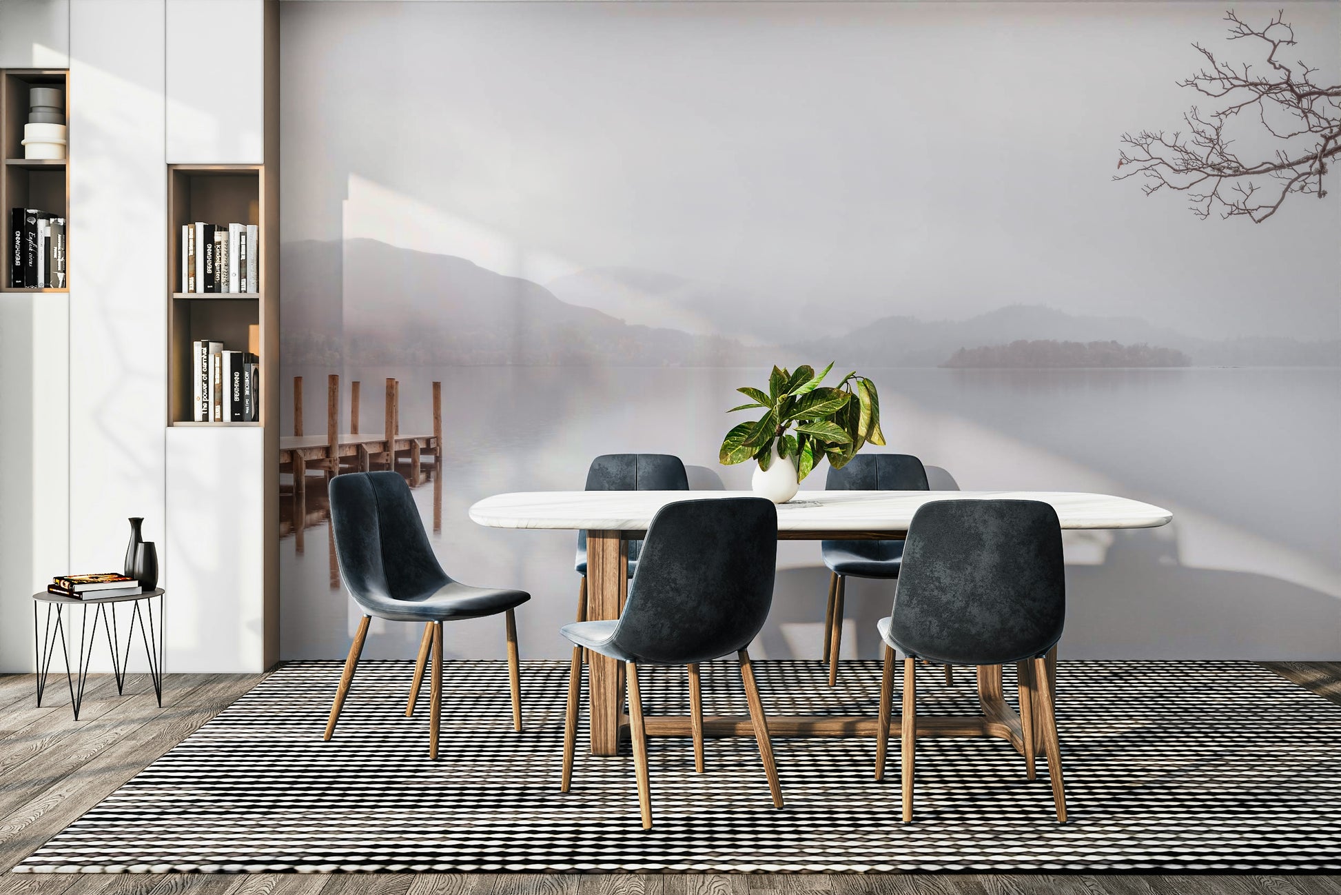 The mural shows a peaceful forest scene.

