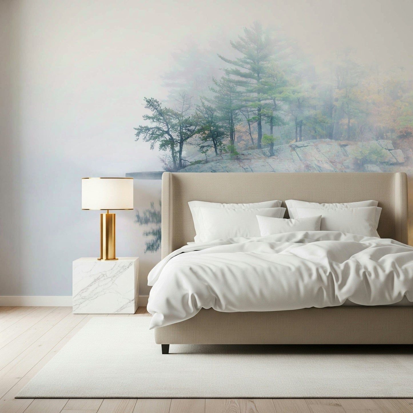 Wall mural Misty Lake Serenity Woodland, restful scenery, inspiring peaceful feelings.